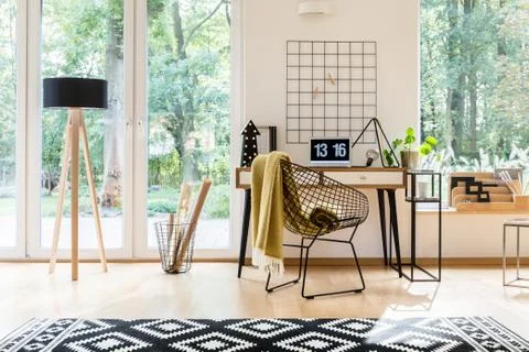 Bright workspace with forest view Stock-Fotos