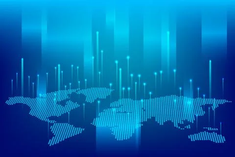 Bright world map formed by glowing points and vertical lines. Digital era of Stock Illustration