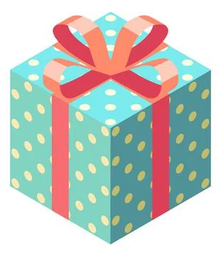 Bright wrapped gift box with red bow in flat isometric style Stock Illustration