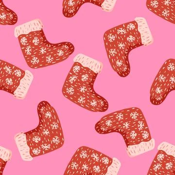Bright xmas seamless doodle pattern with ornamental red winter shoes elements 스톡 일러스트