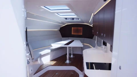 Bright Yacht Cabin With Overhead Deck Hatch, Airy Saloon Interior, Wide Shot Vidéo 340336045
