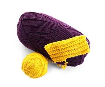 Bright yarns and pattern sample isolated on white, top view 库存照片