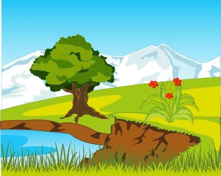 Bright year landscape with mountain on back plan Stock Illustration