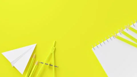 Bright yellow 3D banner with school supplies and back to school text Stock Footage 342571401