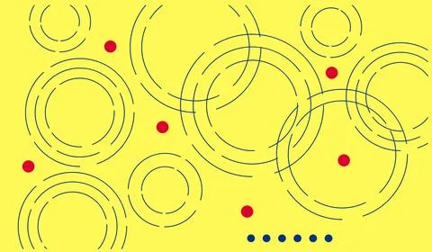 Bright Yellow Abstract Circles Pattern With Blue Rings And Red Dots, Playfu.. Illustrazione stock