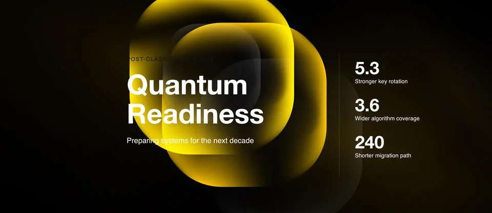 Bright yellow abstract design features Quantum Readiness text. Numbers indica Stock Illustration