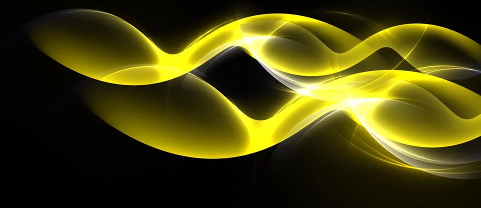 Bright yellow abstract waves flow across black background. Smooth curves crea Stock Illustration