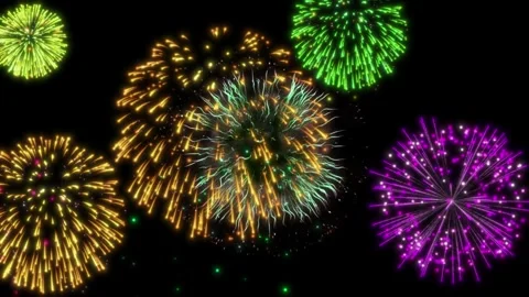 Bright yellow and green fireworks exploding in the dark night sky for Stockbeeldmateriaal 341908000