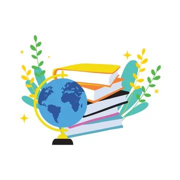 Bright Yellow and Orange Books Stack with Blue Globe for Global Learning Stock Illustration