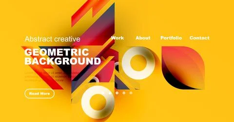 Bright yellow backdrop features geometric shapes, text elements, navigation menu Stock Illustration