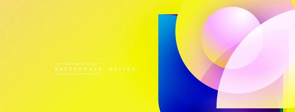 Bright yellow backdrop features overlapping translucent circles, blue rectangle. Illustrazione stock
