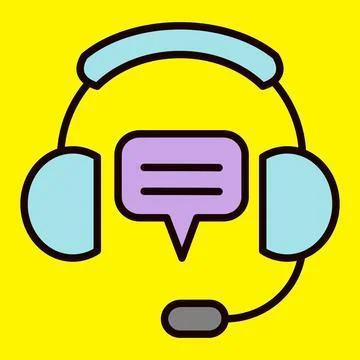 Bright yellow background with bold outline headset and speech bubble. Heads.. Stock Illustration