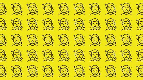 Bright yellow background featuring a seamless pattern of calm and smiling m.. Stock Illustration