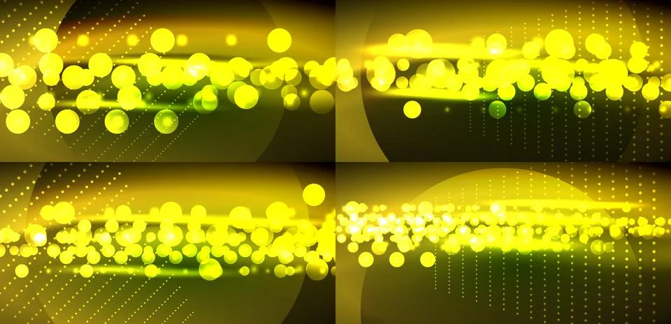 Bright yellow bubbles float over dark backgrounds. Patterns suggest digital.. Illustrazione stock
