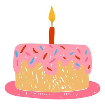A bright yellow cake with pink icing, sprinkles, and a single lit candle, hand Stock Illustration