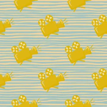 Bright yellow camera silouettes seamless pattern. Hand drawn cinema ornament  Stock Illustration