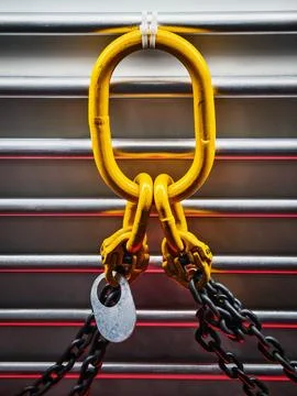 Bright yellow chain link secured with a lock on metallic background at a co.. Stock Photos