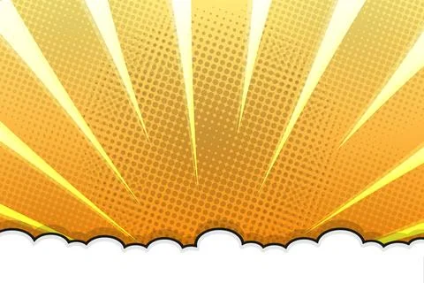 Bright Yellow Comic Sunburst Background with Halftone Effect and Cloud Frame Stock Illustration