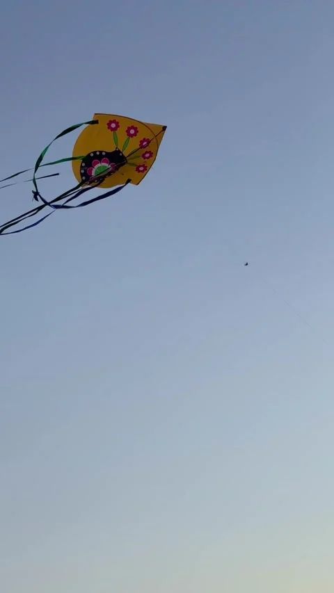 Bright Yellow Decorative Kite Flying in Clear Blue Sky With Floating Ribbons Stock-Footage 346300256