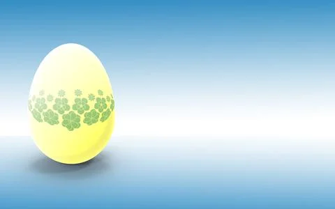Bright yellow eater egg with pale green flowers design over a light blue Stock-Illustration