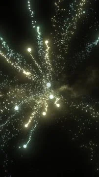 Bright yellow explosion of light with scattered glowing particles on a dark b Stock Illustration