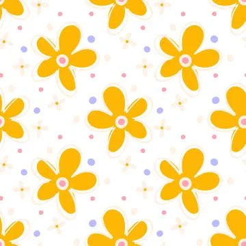Bright yellow floral pattern with large five-petal flowers, soft cream blosso Stock Illustration