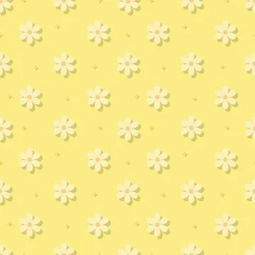 Bright yellow floral seamless pattern with drop shadow and stars Stock Illustration