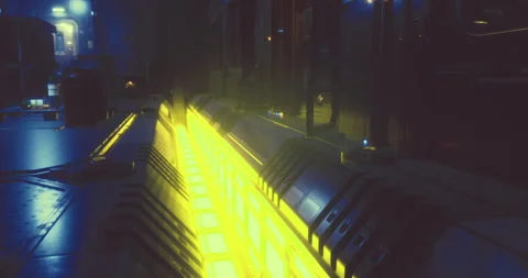Bright yellow glow from an industrial setting with complex machinery Stock Footage 311983053