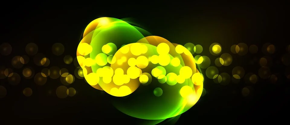 Bright yellow, green orbs float against dark background. Abstract light effec Stock Illustration