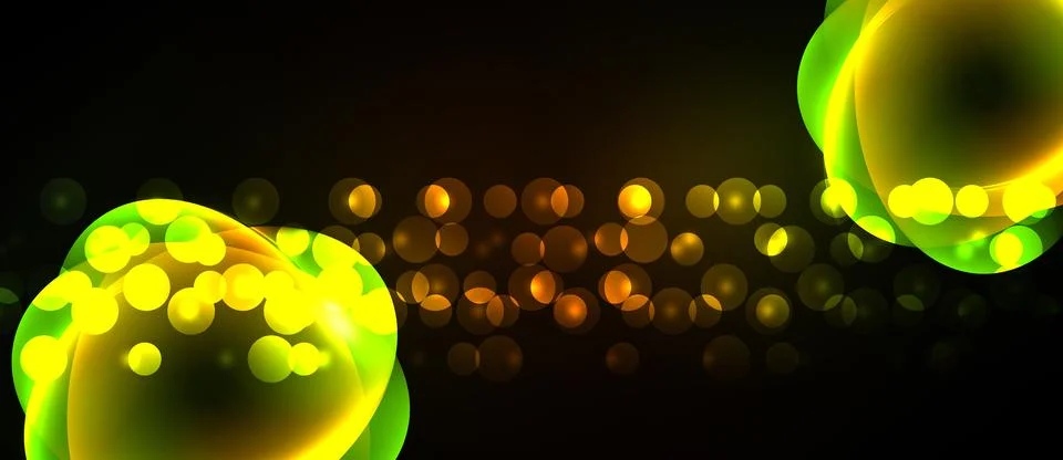 Bright yellow, green orbs float against dark background. Bokeh effect creates Stock Illustration