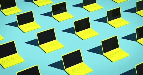 Bright yellow laptops opening up Stock Footage