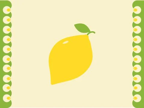 Bright yellow lemon with green leaf on a pale background and decorative border Stock Illustration