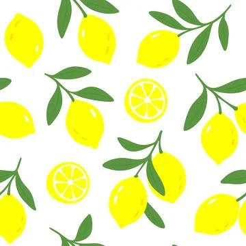 Bright yellow lemon pattern. Flat citrus fruit and leaf in seamless playful 스톡 일러스트