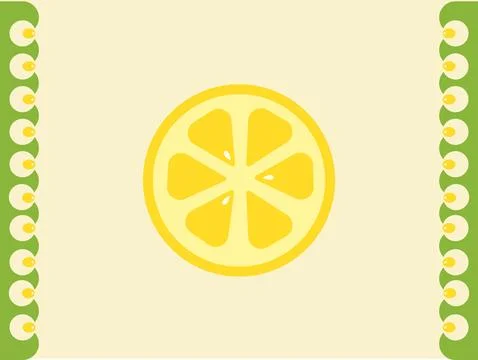 Bright yellow lemon slice with decorative green border on light background Stock Illustration