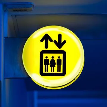 Bright yellow lift or elevator symbol, sign on blue wall background with neon Stock Illustration