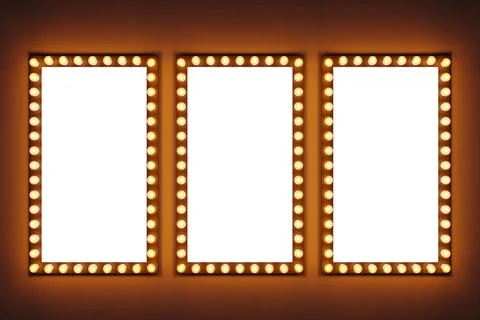 Bright yellow light bulbs in a row in the form of rectangles are lit on a bro Illustrazione stock