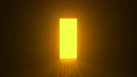 Bright yellow light shining through open door in dark room Stock Illustration