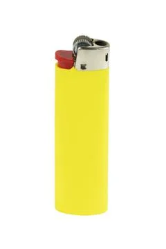 Bright yellow lighter with red button close-up isolated on a white background Foto stock