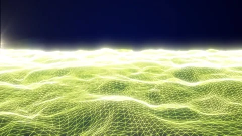 Bright yellow-lime wireframe waves with glowing polygon grid and white hori.. Stock Footage 332669190