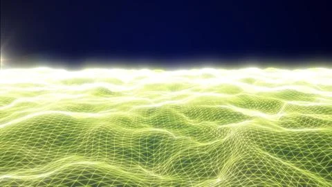 Bright yellow-lime wireframe waves with glowing polygon grid and white hori.. Stock Illustration