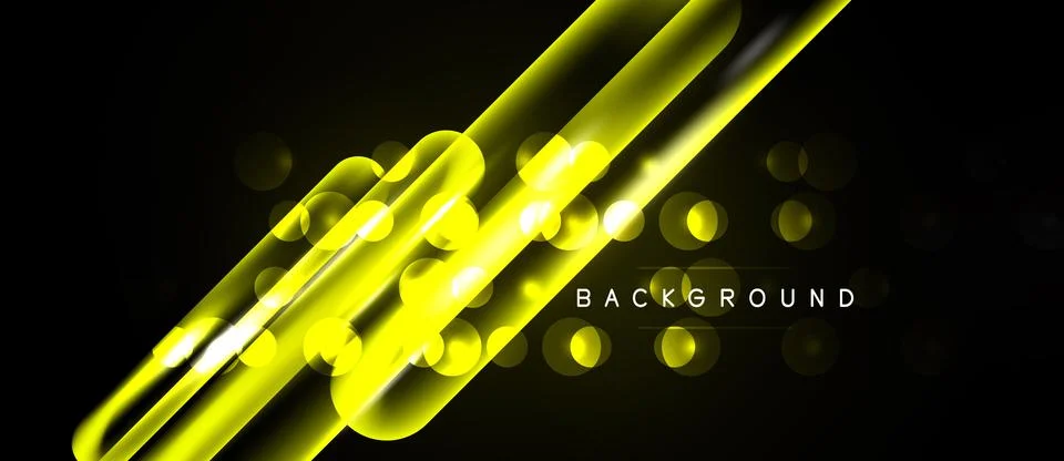 Bright yellow lines, bubbles, abstract shapes over black background. Modern Stock Illustration