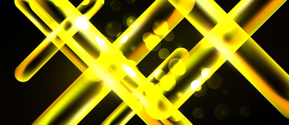 Bright yellow lines intersect over black background. Bokeh effects add depth, Stock Illustration