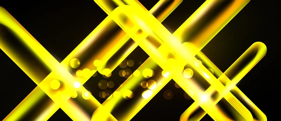 Bright yellow lines intersect over black background. Sparkling dots add dynam Illustrazione stock