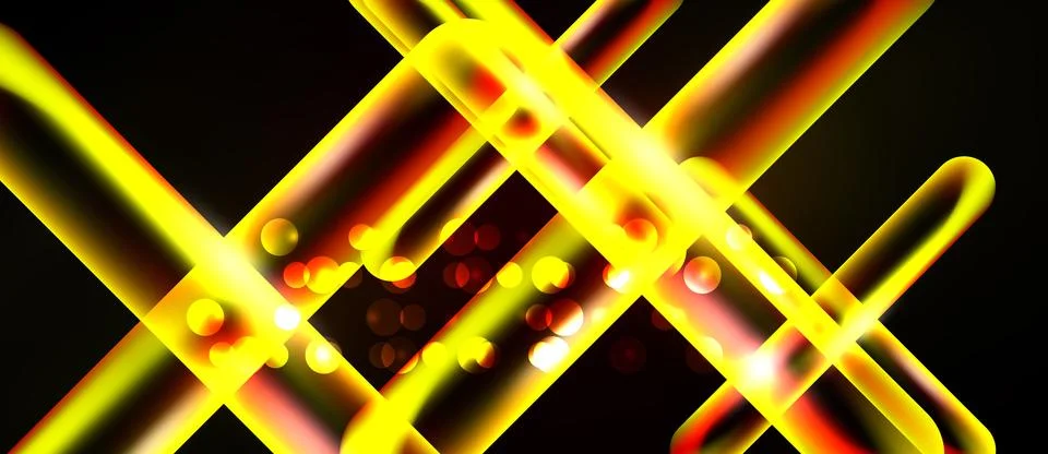 Bright yellow lines intersect over black background. Bokeh effects add visual Ilustração Stock