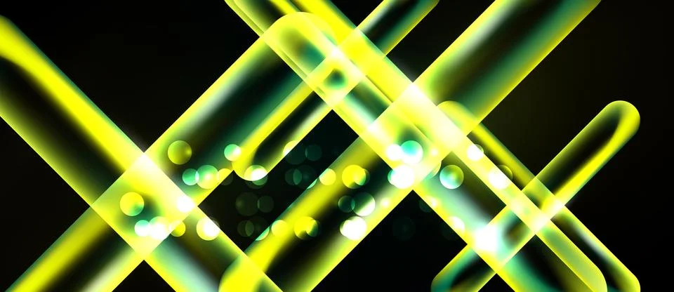 Bright yellow lines intersect over black background. Glowing orbs add dynamic Stock Illustration
