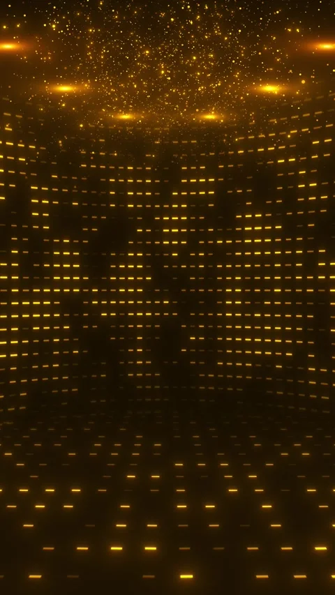 Bright yellow matrix stage background illuminated panels, falling dust, and geom Stock Footage 340401438