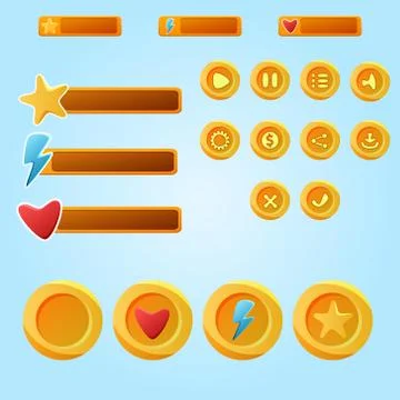Bright yellow mobile elements for ui game - a set game development buttons Illustrazione stock