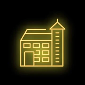 Bright yellow neon icon of a multi storey building with a fire escape, glowin Ilustración de archivo