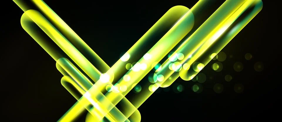 Bright yellow neon lines intersect black background. Glowing particles add Stock Illustration