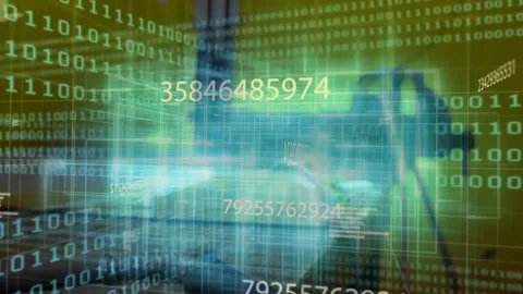 Bright yellow numeric string floating amid green binary code streams on grid in Stock Footage 326191059